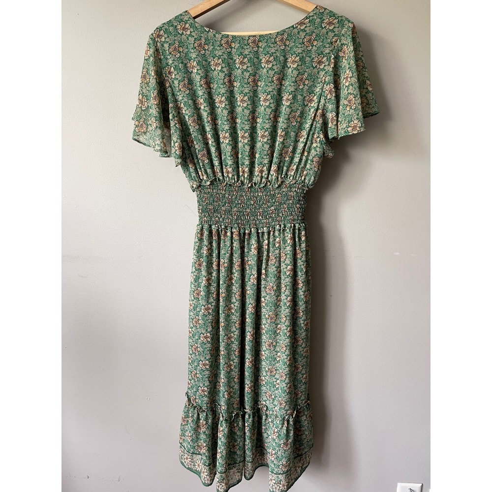 Max Studio Green Floral Smocked Waist Midi Dress Flutter Sleeve V-Neck Large - Picture 2 of 6